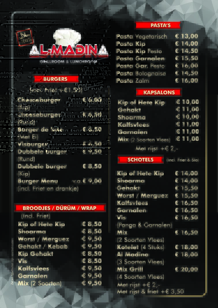 Menukaart Al Madina Almere — achterkant