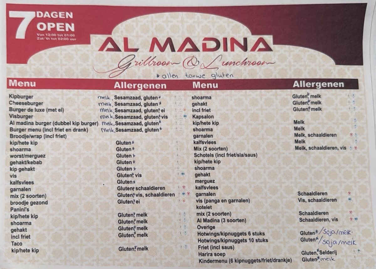 Allergenenkaart Al Madina Almere — allergenen per gerecht