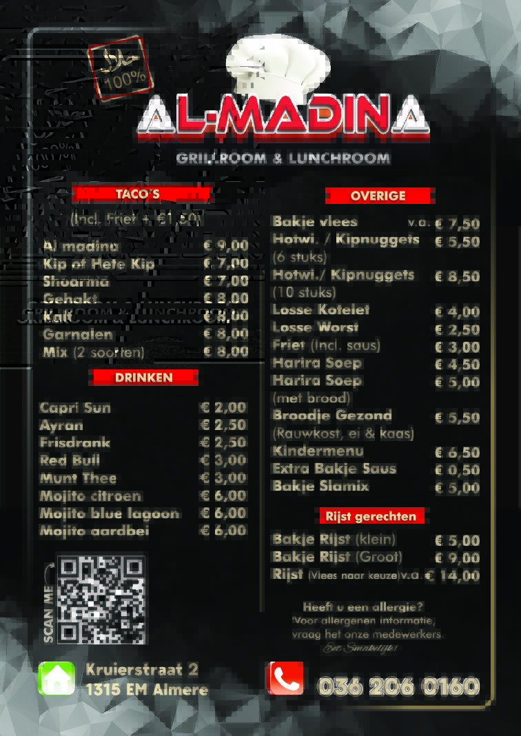 Menukaart Al Madina Almere — voorkant